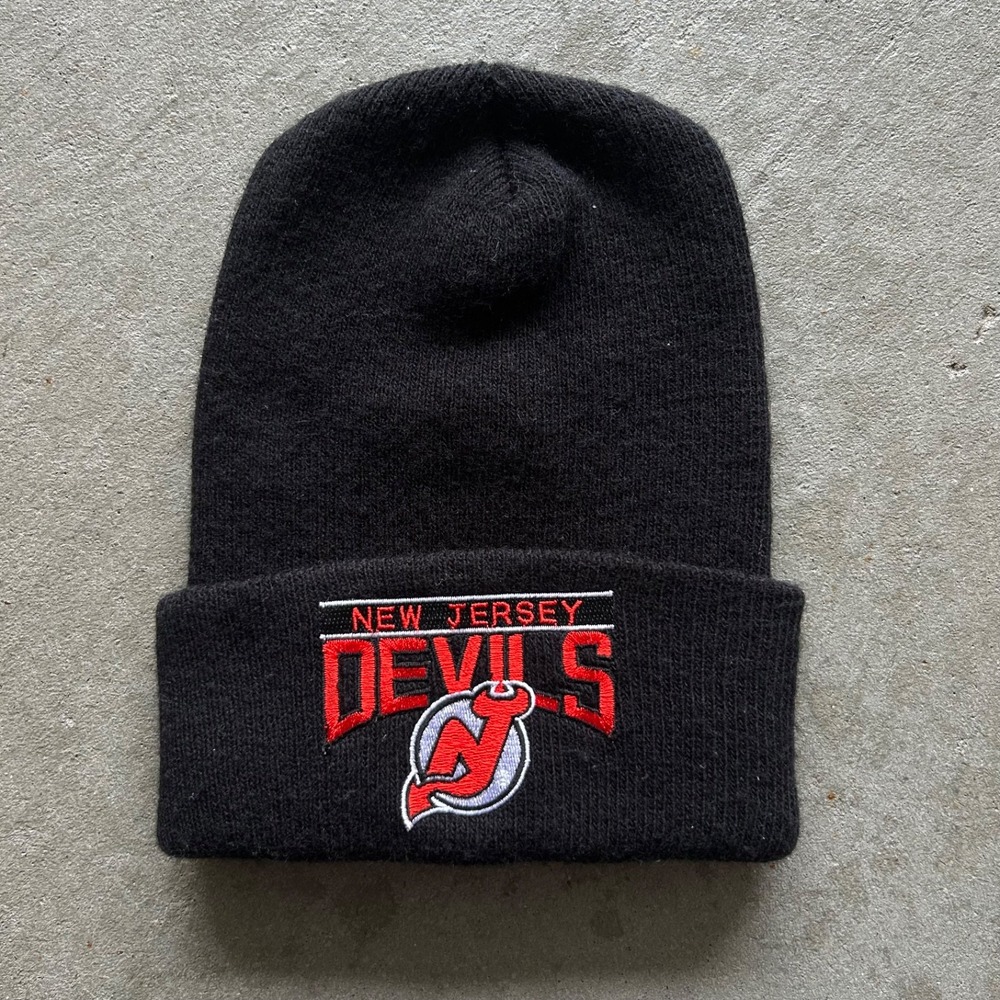 Vintage New Jersey Devils Beanie Hat Cap One Size Black NHL Hockey Cuffed Knit